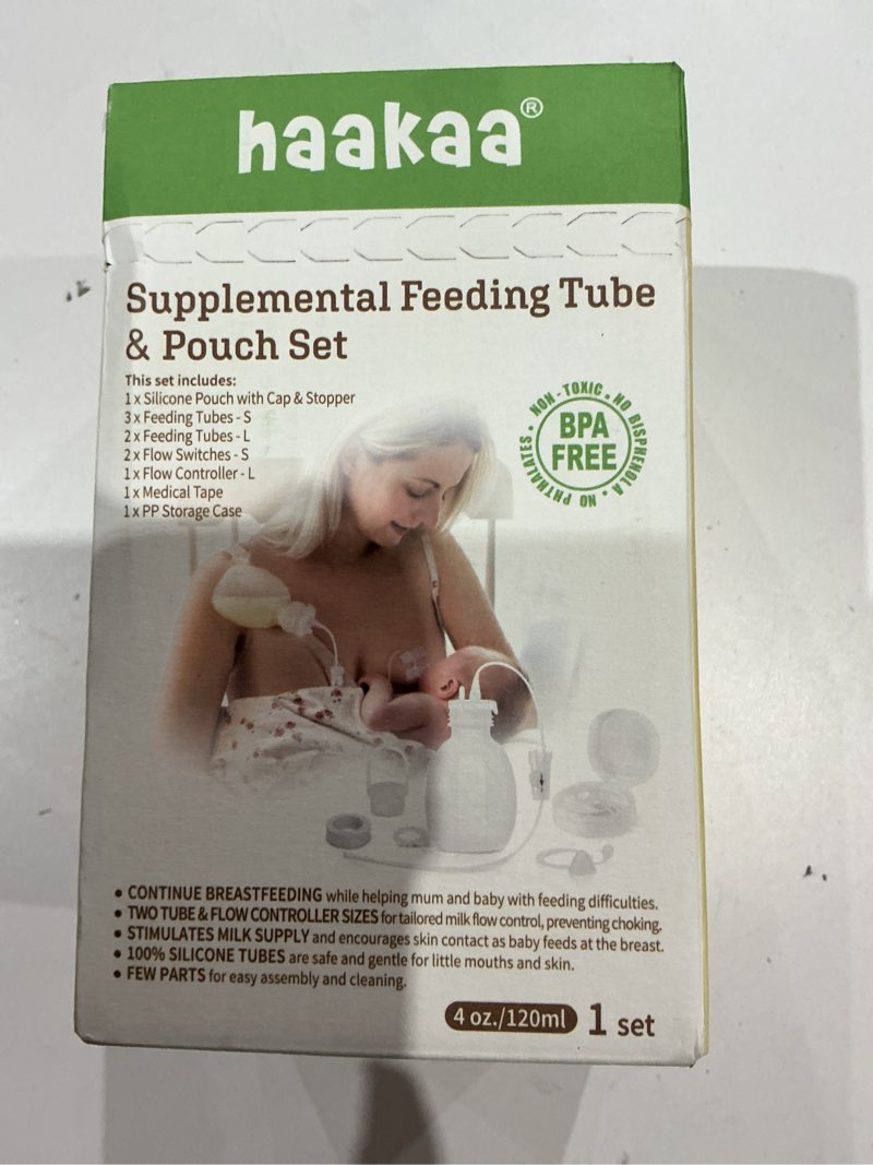 Condition photo showing New/Like New for haakaa supplemental feeding tube & pouch set, baby supplemental nursing system, sns breastfeeding system, food grade silicone, new upgraded design with dual tube flow control