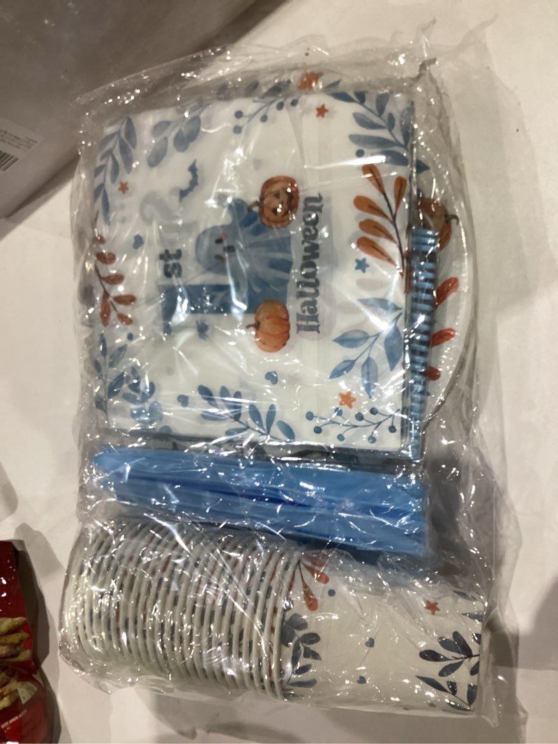 Condition photo showing New/Like New for Spooky One Birthday Decorations Boy,Halloween 1st Birthday Party Tableware Decorations Blue Halloween Cartoon Ghost Pumpkin Leaves Wreath Disposable Plates Napkins Cups Forks and Knifes,Serve 24