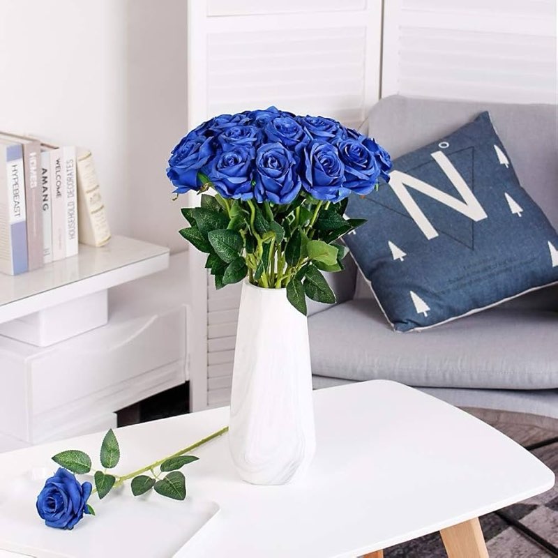Blue Fake Roses Artificial Flowers - 25 Pcs Fake Artificial Roses Silk Flowers with Stems for Home Wedding Hotel Office Centerpiece Decor