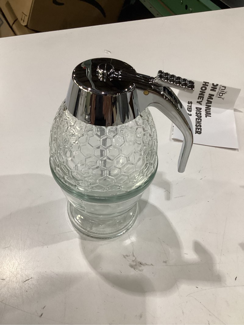 Condition photo showing New/Like New for hunnibi 8oz no drip glass honey dispenser with plastic top - honeycomb-style syrup server and bee-themed storage jar with stand - 6"