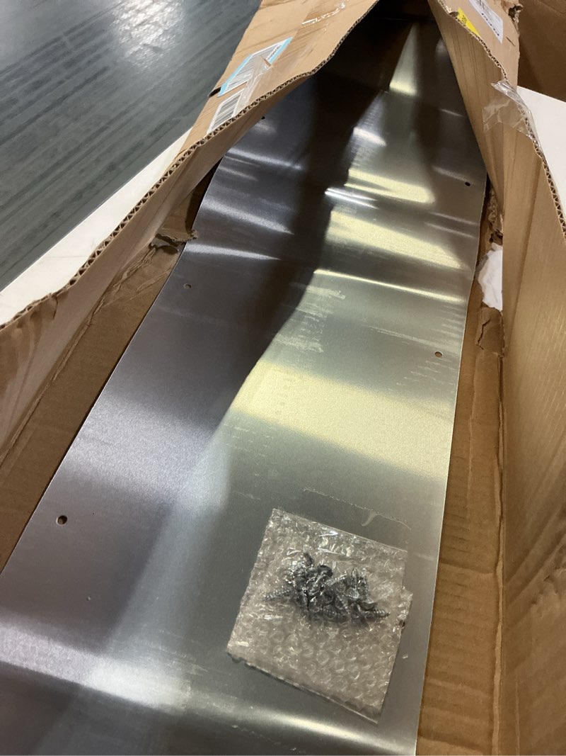 Condition photo showing As Is for prime-line j 4754 kick plate, 8 x 36 in., satin aluminum (single pack) 8 in. x 36 in. satin aluminum