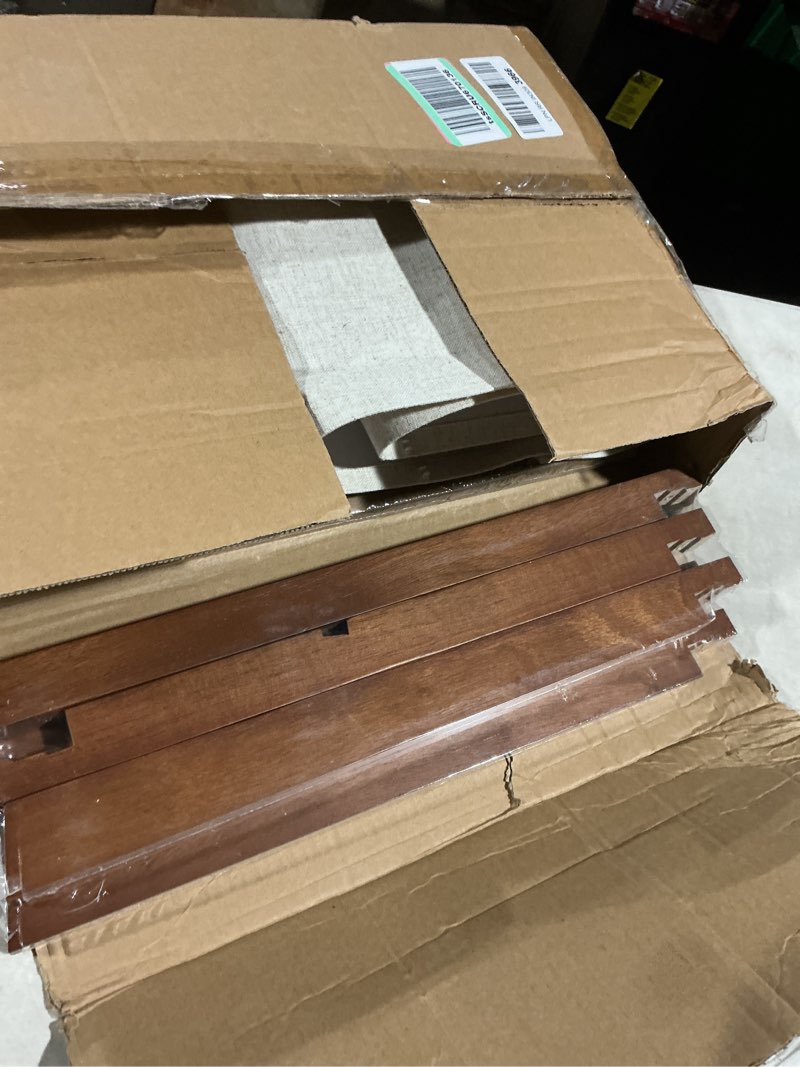 Condition photo showing As Is for ELYONA Tripod Floor Lamp with Table, Mid Century Wood Shelf Standing Light Modern Tall Floor Lamp with Linen Shade for Living Room Bedroom Office,Dark Brown, 3 Color Temperatures LED Bulb Include Country Rustic