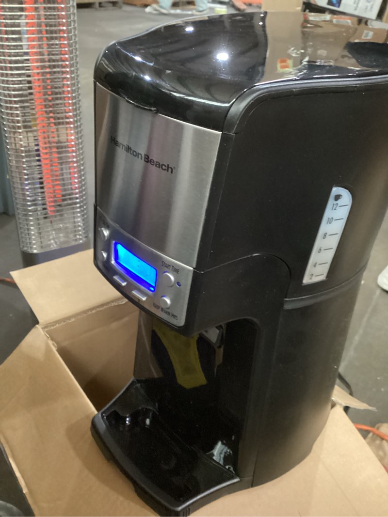 Condition photo showing As Is for Hamilton Beach One Press Programmable Dispensing Drip Coffee Maker with 12 Cup Internal Brew Pot, Water Reservoir, Black with Chrome (48464)(powers on)
