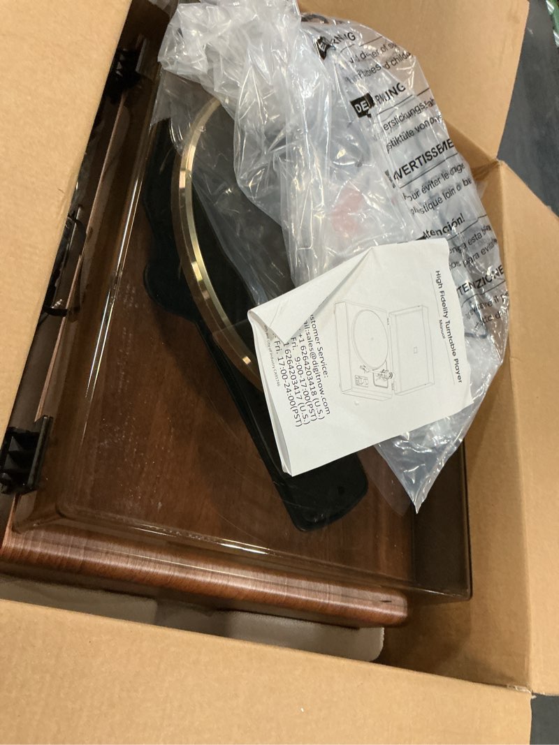 Condition photo showing As Is for digitnow vinyl record player with magnetic cartridge, high fidelity belt drive turntable with built-in speakers & phono preamp, wireless playback and aux-in functionality, auto off coffee