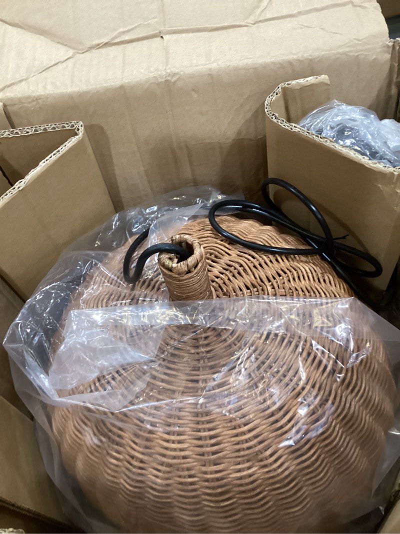 Condition photo showing Good Condition for farmhouse rattan pendant light 3-lights hand woven wicker dining room light 13.8" boho bamboo bracket chandelier fixture for kitchen island living room bedroom entry hallway landury