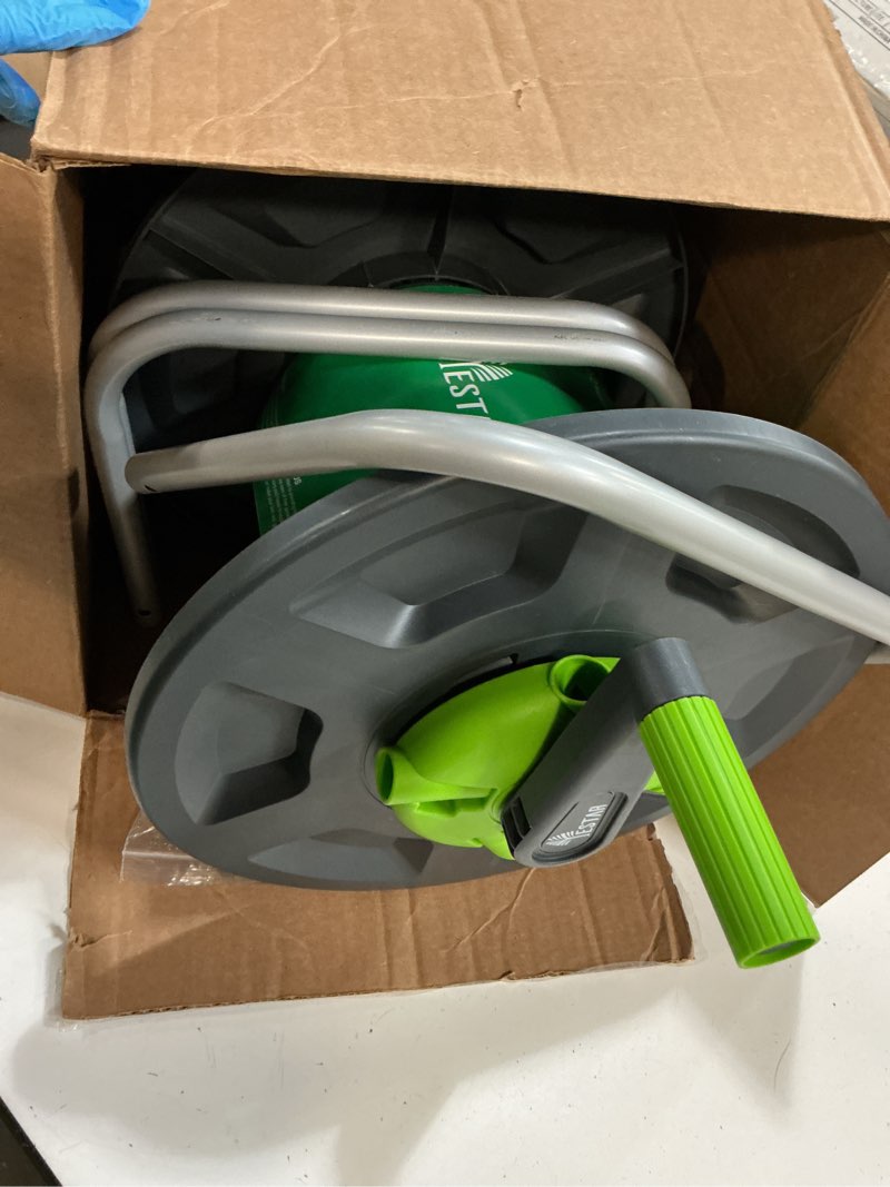 Condition photo showing As Is for garden water hose reel cart, holds 65-100 ft of 5/8 inch, wall mounted garden hose cart, portable hose holder for convenient hose storage and watering green