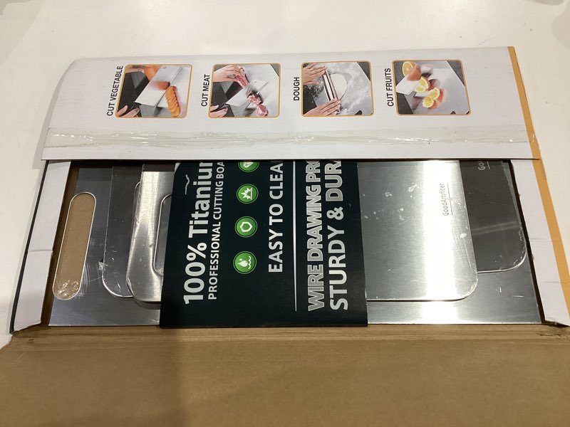 Condition photo showing Good Condition for Titanium Cutting Boards Set of 3, 100% Pure Titanium Kitchen Cutting Board, Double-Sided Non-Toxic Cutting Board, Ideal for Slicing and Dicing Meats, Features Handle, Dishwasher Safe Silver 16"L*10"W(S+M+L)