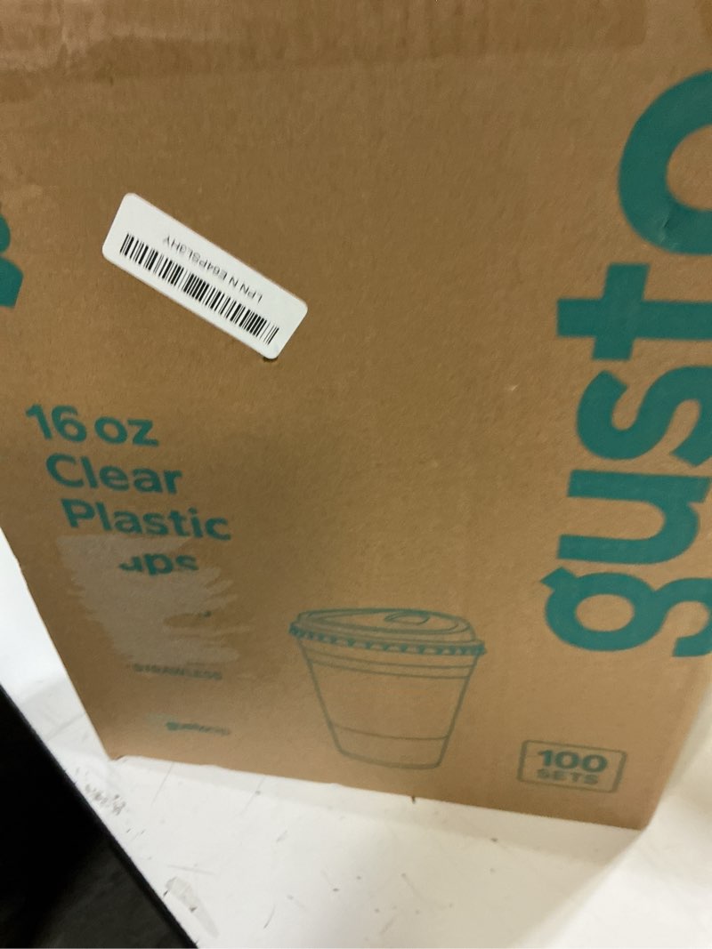 Condition photo showing New/Like New for gusto clear plastic cups with lids [16 oz - 100 count] - disposable iced coffee drink cups with strawless sip lids for smoothies, juices, and more - (formerly comfy package) 16 oz - clear