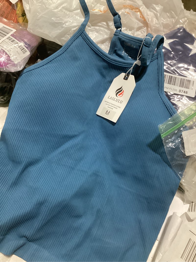 Condition photo showing Good Condition for laslulu womens sports bra seamless long crop tank racer back spaghetti strap workout yoga bra padded halter neck casual tops sky blue medium