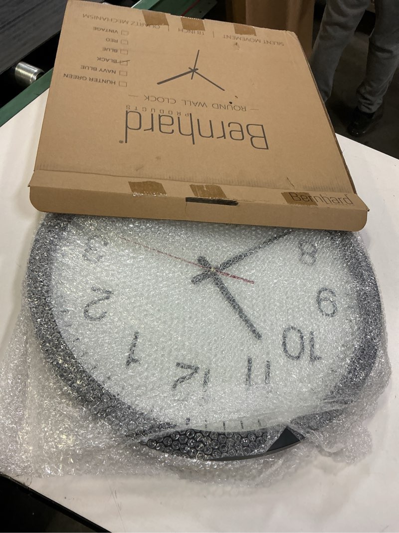 Condition photo showing New/Like New for Bernhard Products Black Wall Clock Silent Non Ticking - XL 18 Inch Quality Quartz Battery Operated Round Easy to Read Home/Office/Classroom/School Clock