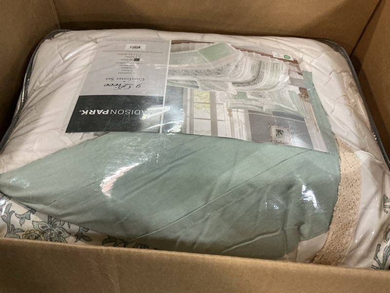 Condition photo showing Good Condition for Madison Park Dawn 100% Cotton Shabby Chic Comforter Set-Modern Cottage Design All Season Down Alternative Bedding, Matching Shams, Bedskirt, Decorative Pillows, Queen(90"x90"), Aqua 9 Piece , Aqua Queen
