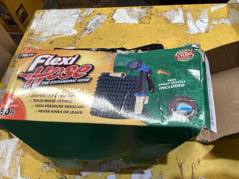 Condition photo showing As Is for flexi hose expandable garden hose with 8 function nozzle, 50ft - lightweight retractable garden hose, water hose - no-kink flexibility, 3/4 inch solid brass fittings and double latex core