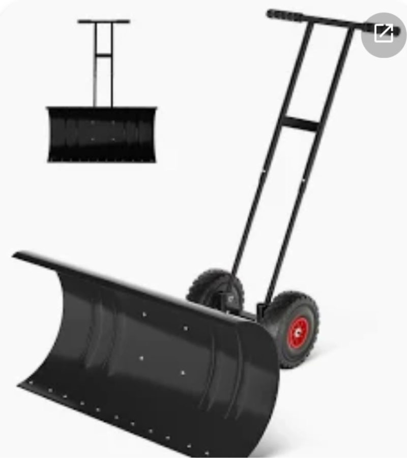 36 inch wide snow pusher with wheels for driveway, heavy duty steel blade, 5-position angle adjustme