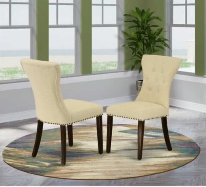 East West Furniture GAP3T32 Gallatin Parsons Dining Chairs - Button Tufted Nailhead Trim Light Beige Linen Fabric Padded Chairs, Set of 2, Mahogany
