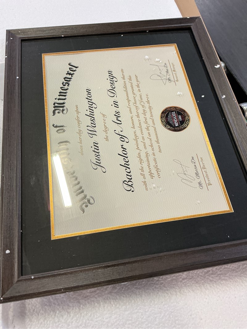 Condition photo showing Good Condition for 16x20 diploma frames 12x16 with black mat, fits degree certificate document, 20 x 16 walnut color frame with tempered glass panel for wall mounting black mat-1 16x20 for 12x16 with mat