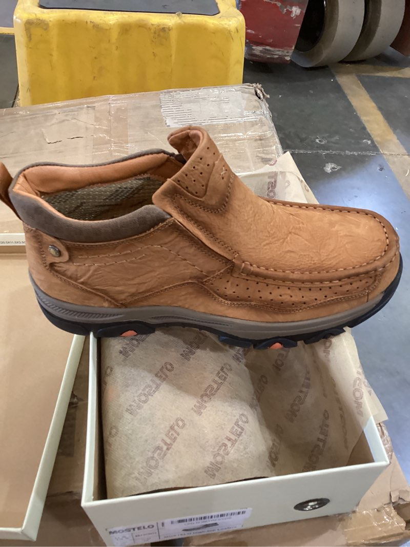 Condition photo showing New/Like New for mostelo mens slip on casual loafers classic outdoor leather walking hiking shoes comfortable for work office dress outdoor high top 10.5 brown