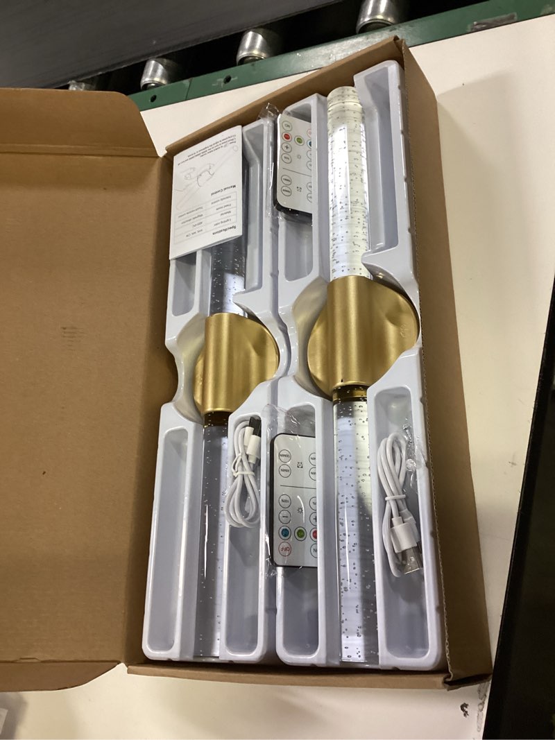 Condition photo showing Good Condition for Peel and Stick on Gold Battery Operated Wall Sconces Set of 2, Rechargeable Magnetic Linear Wall Lights for Bedroom, Wireless Sconces with Remote&Touch Control, 3CCT&Dimmable Wall Lamp for Living Room