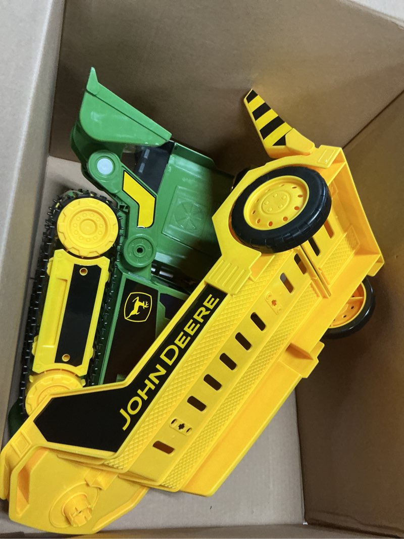 Condition photo showing As Is for john deere 2ft extra large mega mover dual joystick motorized trucks: front loader & hoe with trailer, lights, sounds construction toys for kids 3+