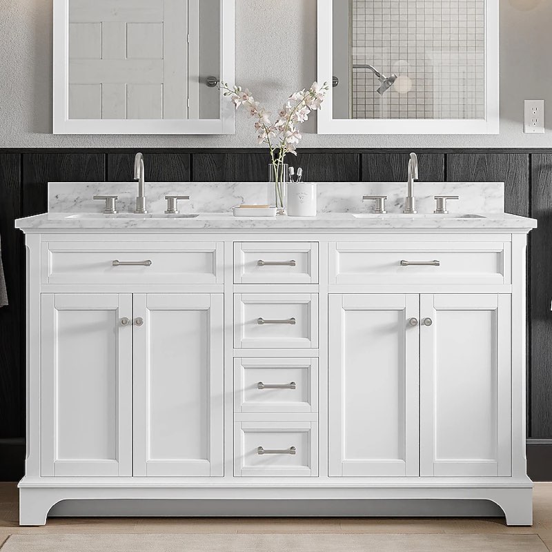 allen + roth roveland 60-in white undermount double sink bathroom vanity with natural carrara