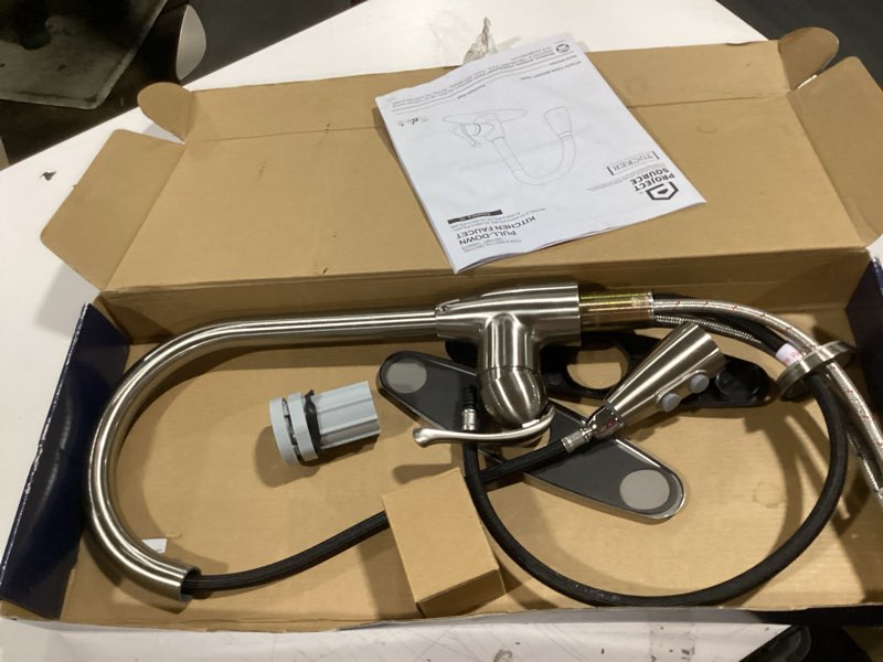 Condition photo showing As Is for project source tucker stainless steel single handle pull-down kitchen faucet with sprayer (deck plate included)
