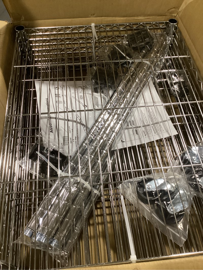 Condition photo showing Good Condition for garage shelving with wheels, 5 tier shelving unit and adjustable feet, 865 lb high capacity rolling storage shelf for kitchen, office, dining room, garage(23.6"x 17.7"x 72"), chrome chrome 5-tier with wheels