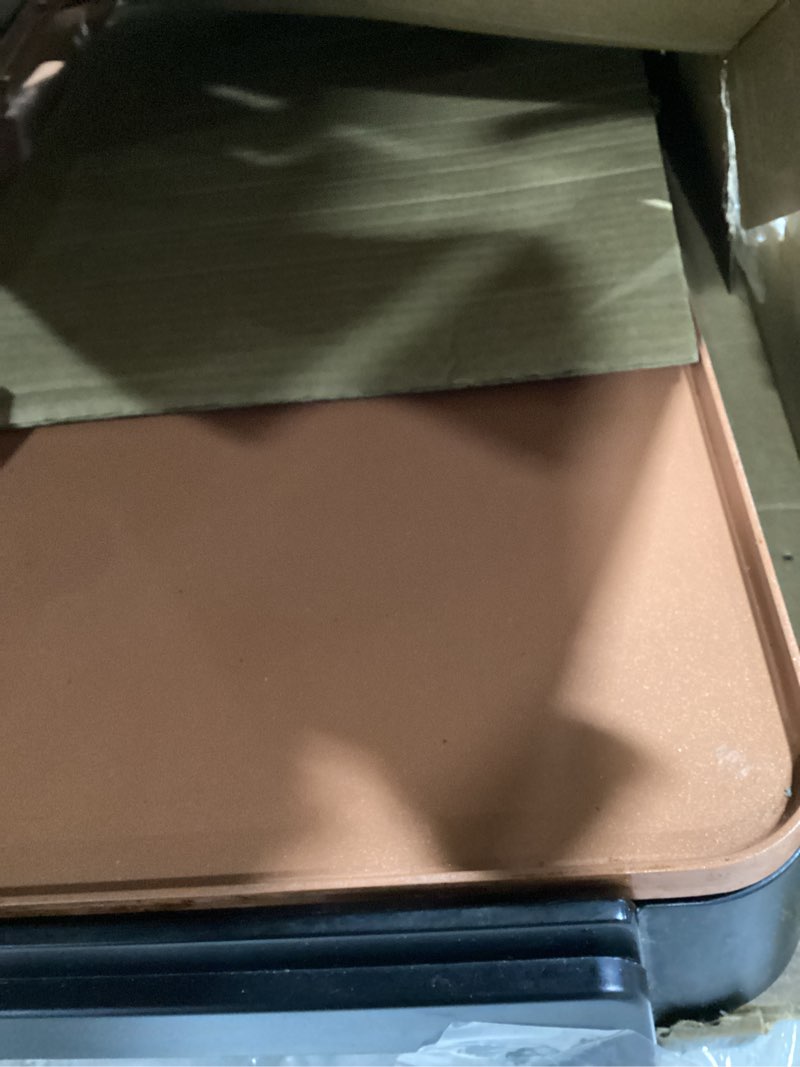 Condition photo showing As Is for crux xl electric griddle in titanium with nonstick ceramic coating, cool-touch handles, and slide-out drip tray - indoor grill for breakfast, eggs, pancakes, and burgers xl griddle w/ warming tray