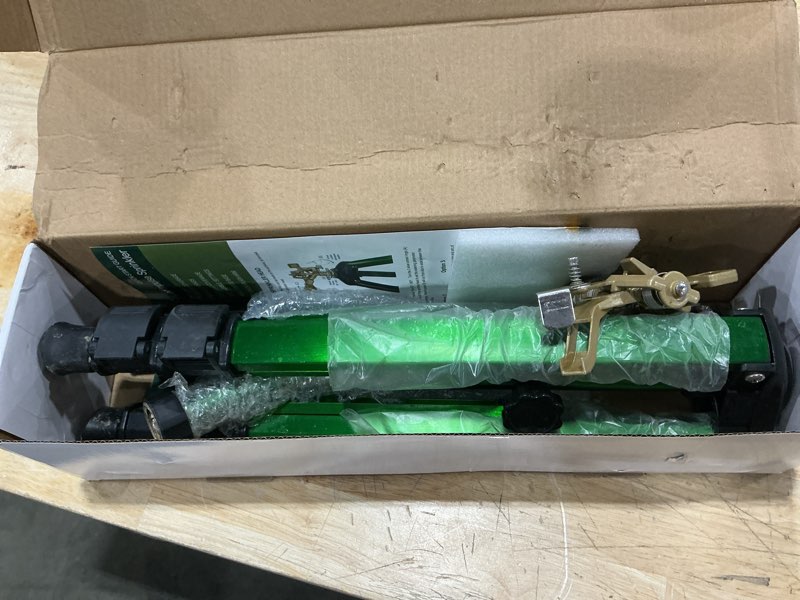 Condition photo showing As Is for hourleey impact sprinkler on tripod base, heavy duty brass sprinklers for yard lawn garden, 0-360 degree large area coverage, 3/4 inch connector extension legs flip locks with brass sprinkler head 1