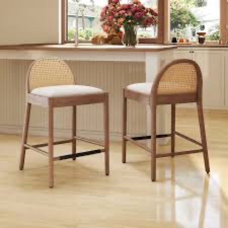 Emington Modern Stools with Rattan Backrests and Wood Frame Color: White/Nature, Seat Height: Counter Stool (26” Seat Height)