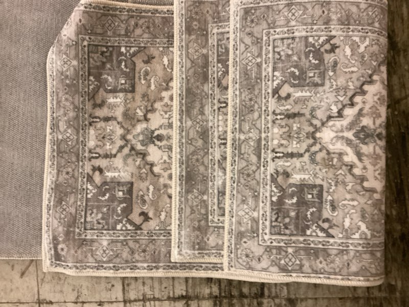 Condition photo showing New/Like New for yamaziot boho washable kitchen rugs sets of 3, non slip kitchen mats for floor with rubber backing, waterproof & stain resistant thick carpet runner throw rugs for kitchen, laundry room, hallway, grey 20"x32"+20"x47"+20"x59" grey
