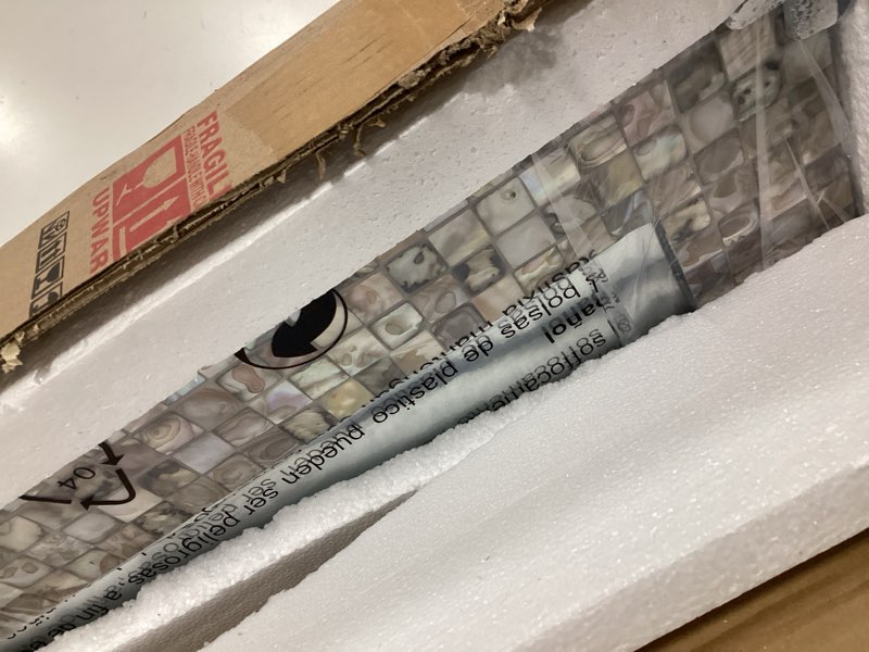 Condition photo showing Good Condition for Large Wall Mirrors Decorative, 36'' x 24'' Mosaic Bathroom Mirror with Mother of Pearl Inlay, Coastal Accent Mirror for Living Room, Foyer, Mantel Cream-white