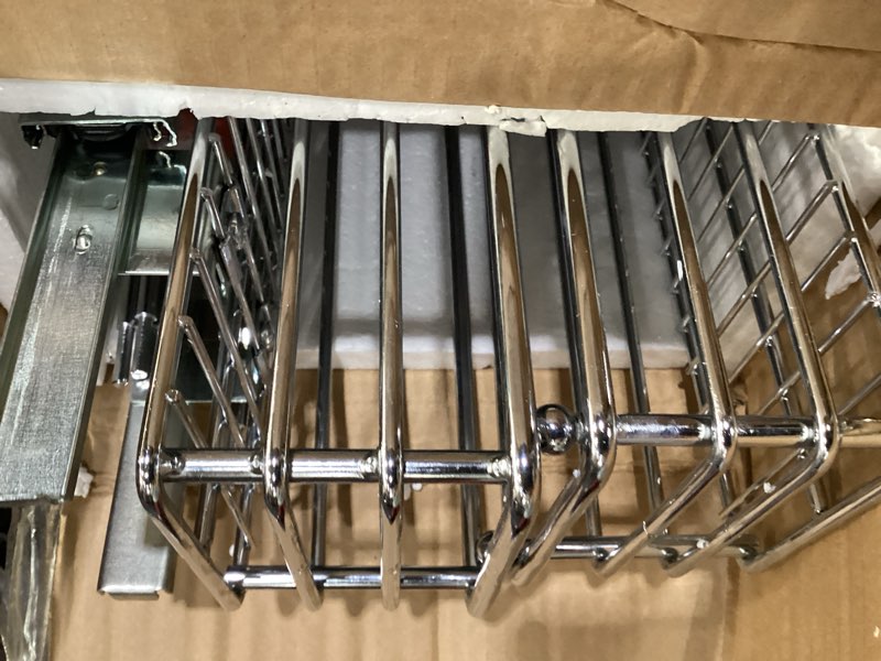 Condition photo showing As Is for 1 Pack 20.47IN Depth Under Sink Storage Organizer, Large 2-Tier Elegant Mesh Pull Out Shelf for Kitchen and Bathroom Cabinet Organization, L-Shaped and Adjustable Height Design-Black 1 Pack-20.47"Dx11.4"-16.14"H Black