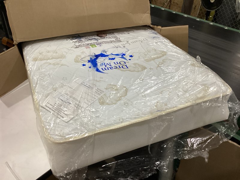 Condition photo showing New/Like New for dream on me twilight 5” 2-in-1 breathable spring coil crib & toddler mattress – firm infant side & plush toddler side, reversible design, waterproof vinyl cover, greenguard gold & jpma certified