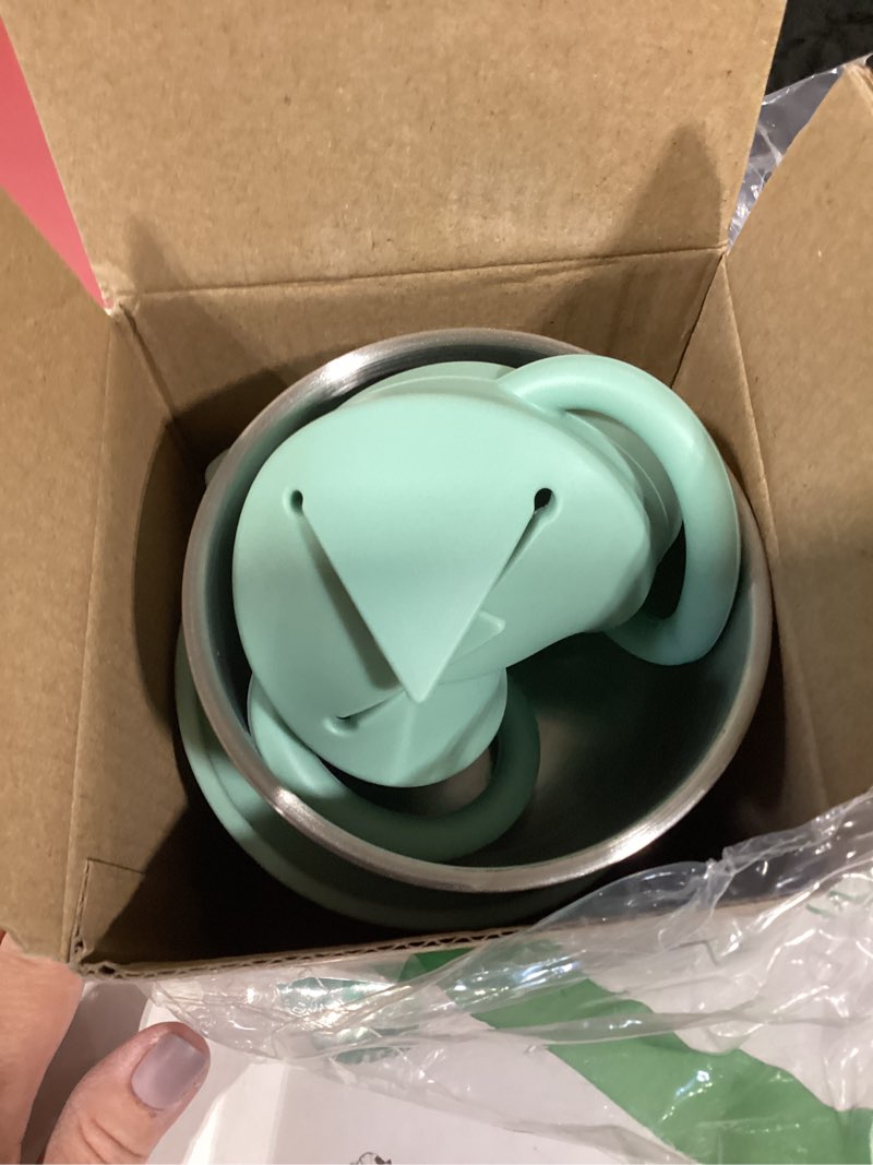 Condition photo showing Good Condition for 2 pack stainless steel spill proof snack cup for baby toddlers kids, with silicone food catcher, travel lid, spill-proof bowl containers, toddlers essentials, non toxic bpa free light blue and green