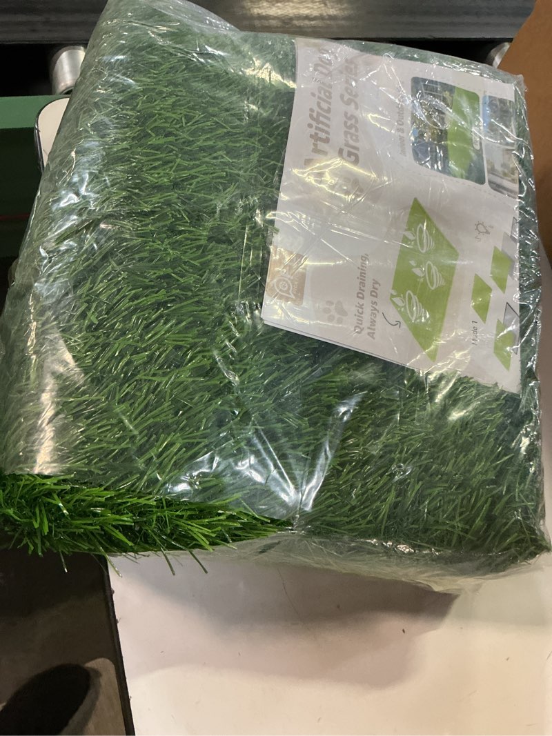 Condition photo showing Good Condition for artificial dog grass pee pad 20”x 25” 2 pack, grass pad for dogs indoor potty training, replacement turf for puppy, washable reusable realistic fake grass mat for apartment, balcony 20"x25"