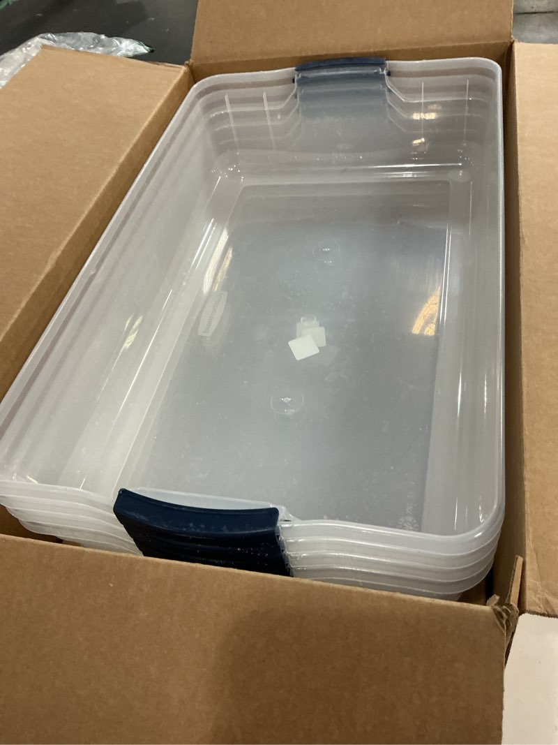 Condition photo showing Good Condition for Rubbermaid Cleverstore 42 Quart Stackable Plastic Storage Bin with Lids for Garage, Closet, and Classroom, Clear, 4 Pack 42 Qt - 4 Pack