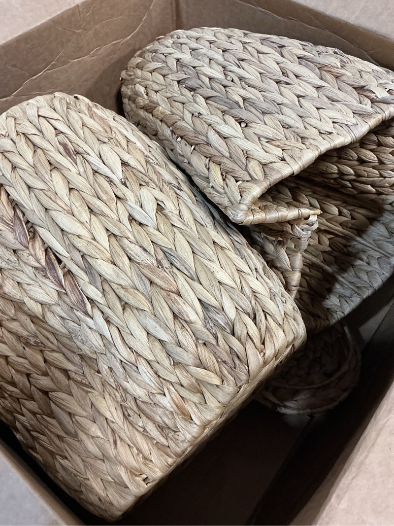 Condition photo showing As Is for 2-pack slim wicker basket with lid – small waste basket for narrow spaces | rattan decor - handwoven water hyacinth baskets and covers | covered trash can - set of two