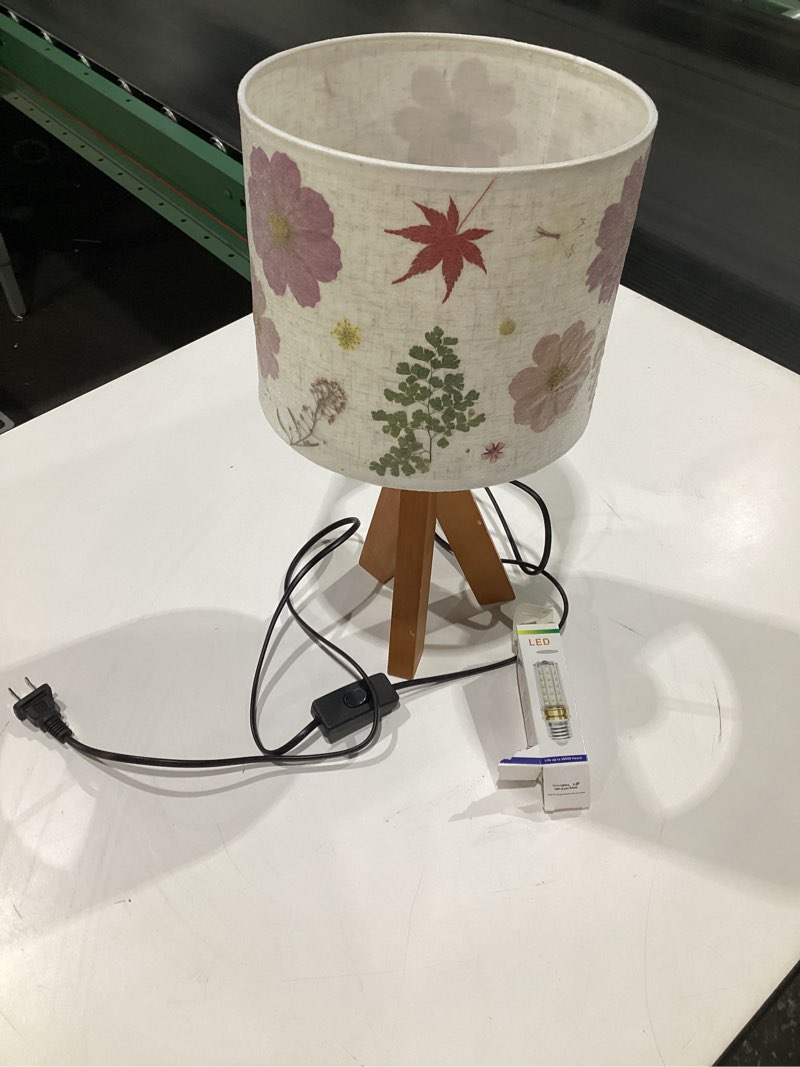 Condition photo showing Good Condition for Dried Flowers Tripod Table Lamp 14.56in, 9W LED 3-Color Cute Bedside Lamp with Flowers Linen Lampshade for Nursery, Bedroom, Kid Room, Living Room, Light Brown Wooden Base 3-Color-Cylinder, USED, NOT TESTED