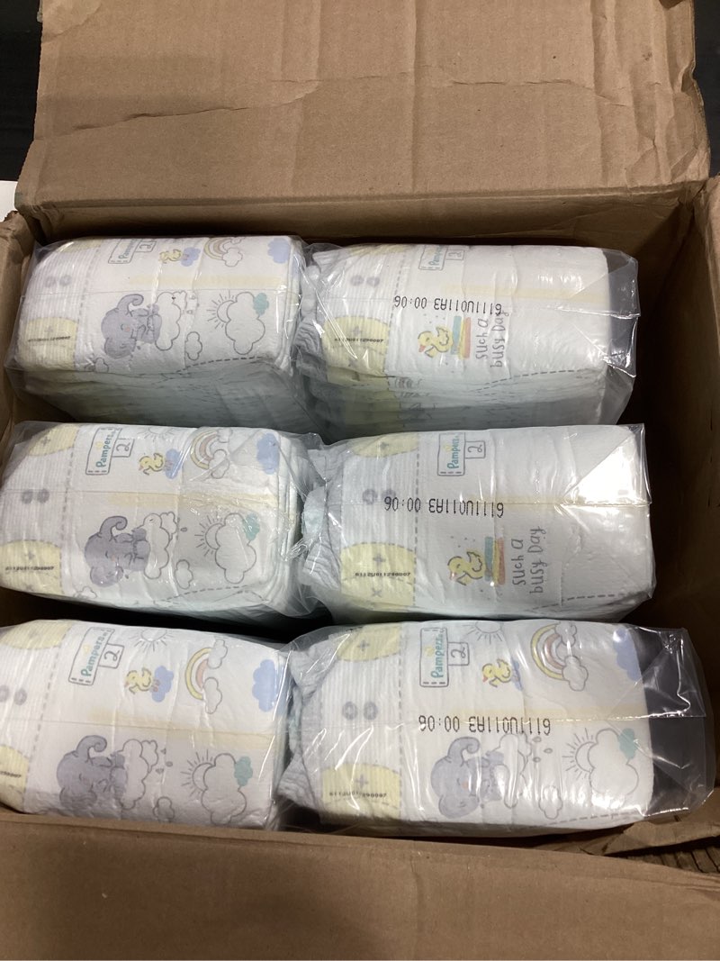 Condition photo showing As Is for pampers swaddlers diapers, size 2 (10-22 lbs), 186 count, fragrance free, hypoallergenic, absorbent, pediatrician recommended, skin safe size 2 186
