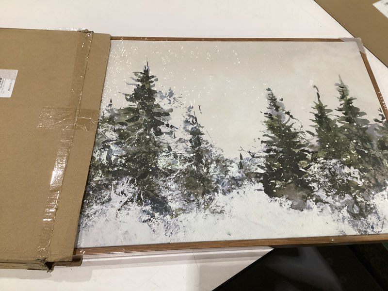 Condition photo showing Good Condition for VIYYIEA Framed Canvas Wall Art, Large Vintage Christmas Picture Decor Indoor, 16x24in, Retro Winter Pine Forest Painting Artwork For Living Dining Room Hallway Fireplace, Holiday Decorations Winter Forest 24"L x 16"W
