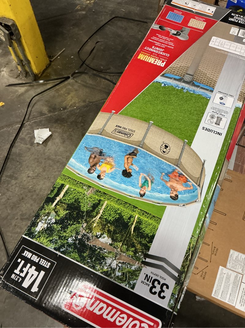 Condition photo showing As Is for coleman steel pro max 14' x 33" round metal frame above ground pool set
