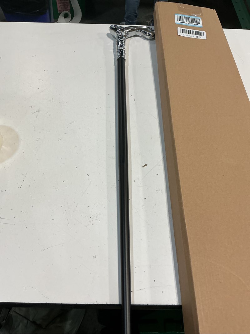 Condition photo showing New/Like New for walking cane for men & women & seniors - 36.5 inch heavy duty 500+ lbs capacity, ergonomic handle, decorative & ornate design, gothic & goth elegant matte black & gold artistry, metal cane silver