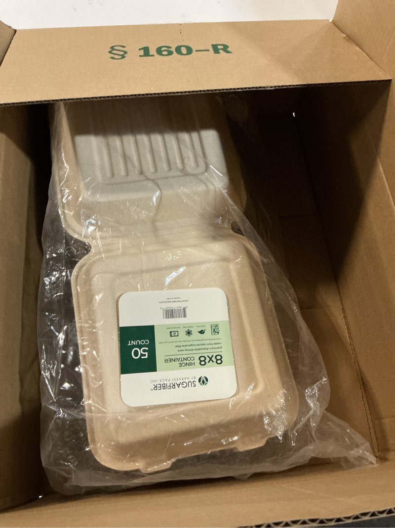 Condition photo showing New/Like New for [50 COUNT]Harvest Pack PFAS FREE 8 X 8" Compostable Clamshell Food Containers, Heavy-Duty to go Hinged Container, Disposable Bagasse Eco-Friendly Natural Takeout to go Box, Made from Sugarcane