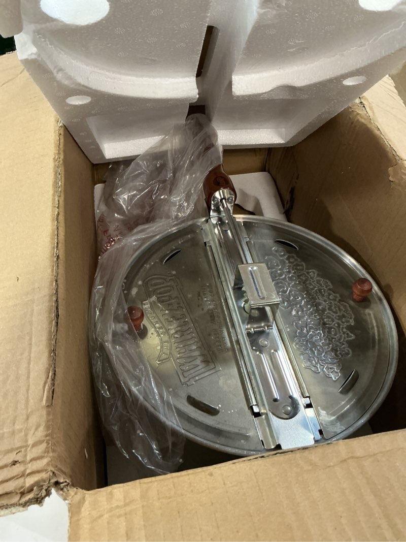 Condition photo showing As Is for stovetop popcorn maker - 6.5-quart stainless-steel popcorn popper with a hand crank, vented lid, and stir paddle by great northern popcorn (silver)