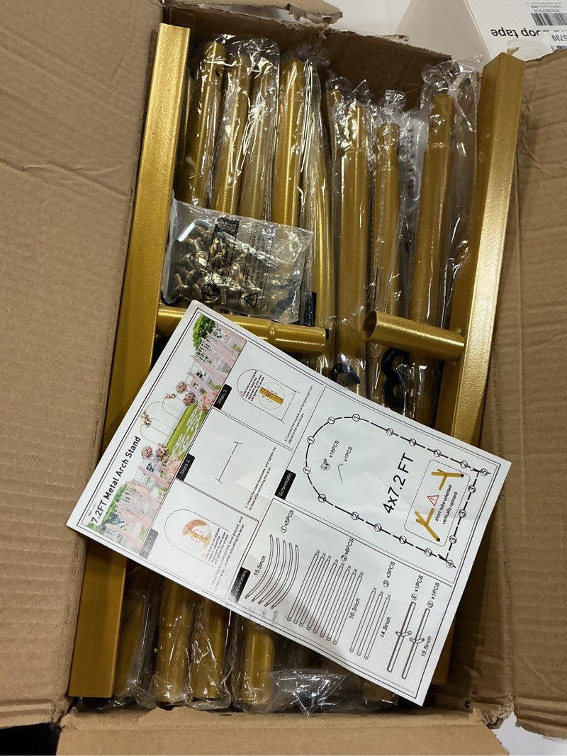 Condition photo showing Good Condition for 7.2FT Metal Arch Backdrop Stand and Cover Set, Gold Wedding Backdrop Arch Stand with Cover, Balloon Arch Stand with White Arch Cover for Birthday Party Baby Shower Graduation Ceremony Decorations