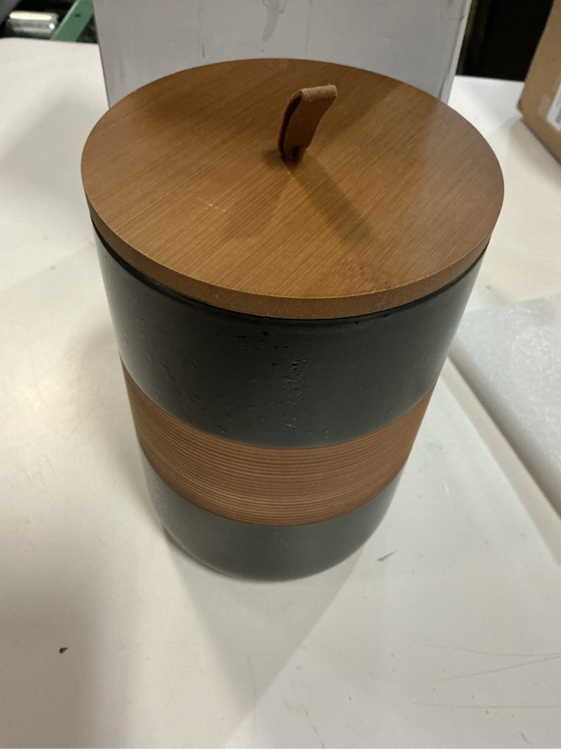 Condition photo showing New/Like New for large storage containers with lids, ceramic coffee container kitchen food storage jars for spice sugar tea bag, stackable decorative jars for counter, black & 61 fl.oz black 60 fl.oz