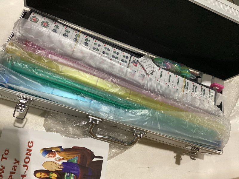 Condition photo showing New/Like New for Complete American Mahjong Game Set, 166 Tiles, 4 All in One Pusher Racks Chips, Wind Indicator Aluminum Case
