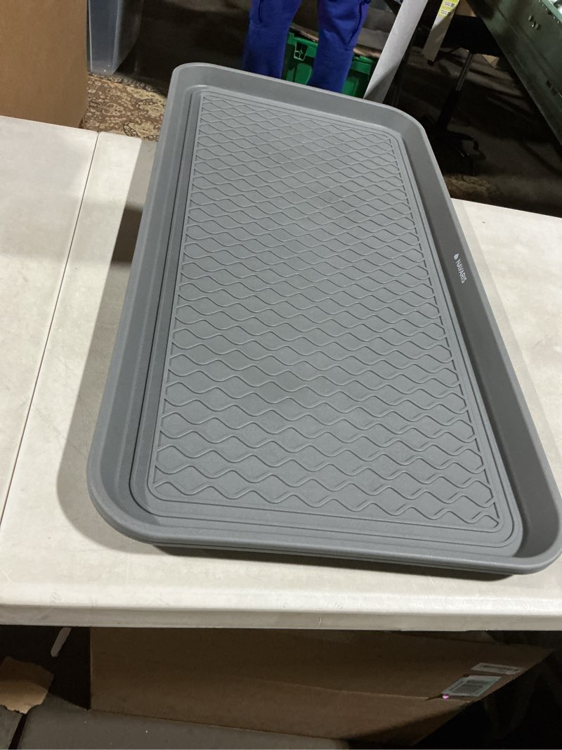 Condition photo showing As Is for Navaris Boot Trays for Entryway (Set of 3) - 30" x 15" Large Waterproof Shoe Tray for Winter Shoes Boots - Indoor, Front Door, Mudroom, Garage - Gray 30" x 15" x 1.1" (3x) Gray