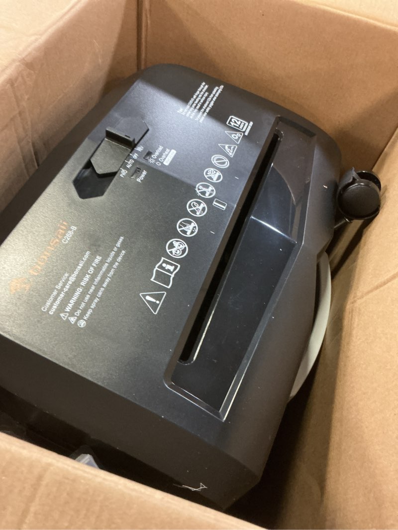 Condition photo showing As Is for bonsaii 12-sheet micro cut shredders for home office, 60 minute p-4 security level paper shredder for cd, credit card, mails, staple, clip, with jam-proof system & 4.2 gal pullout bin c266-b black