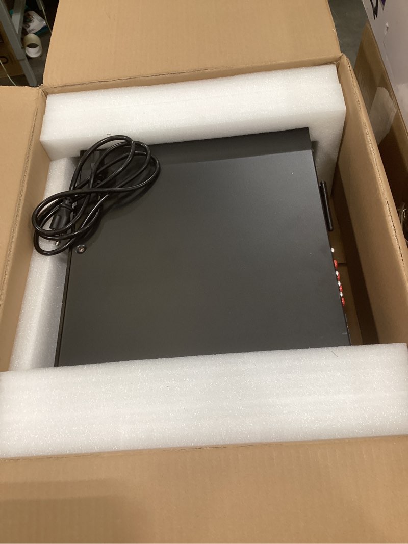 Condition photo showing As Is for pyle 4 channel bluetooth home amplifier - front loading dvd/cd player - 3000w peak stereo receiver - 2 mic inputs w/ echo, fm radio,optical in,usb,rca,composite, led level meter, rack mount - pd3000ba