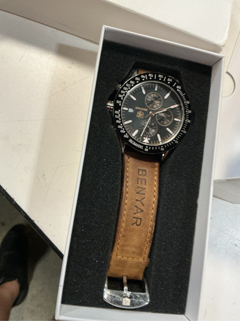 Condition photo showing Good Condition for benyar mens watches quartz movement chronograph leather strap fashion business sport design 30m waterproof scratch resistant elegant gifts for men black-1